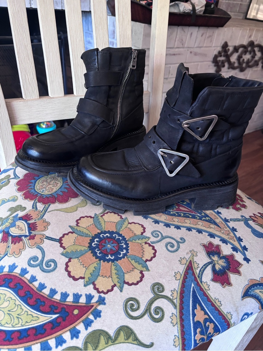 A.S.98 Black Leather Combat Moto Boots with Buckle Straps Sz 40/9